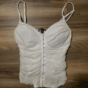 White Ruched Mesh Corset Bustier Crop Top | Size Large